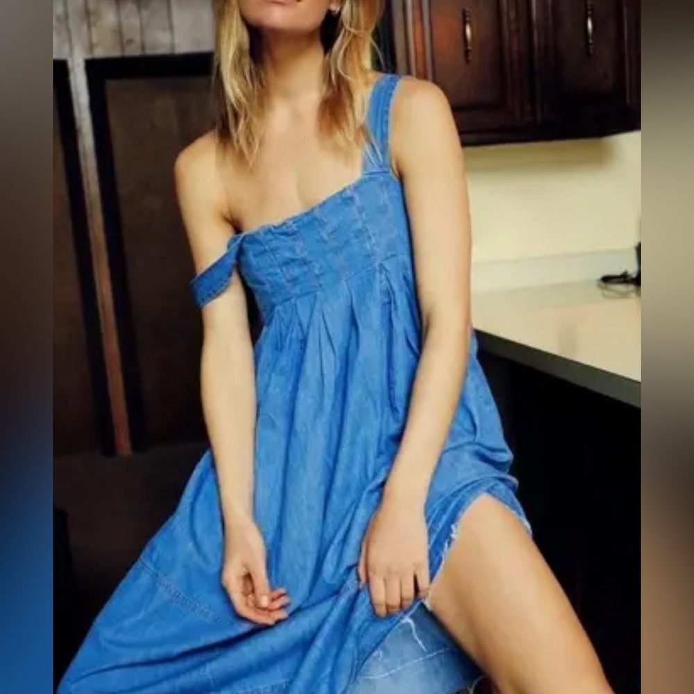 Free People Pretty In Pleats Indigo Blue Denim Raw Hem Maxi Dress - Indigo